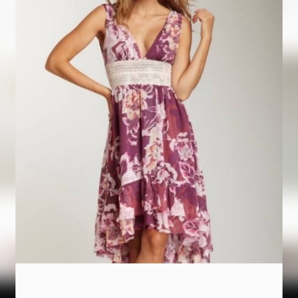 Free People Floral and Crochet High Low Midi Dress. Size 0.